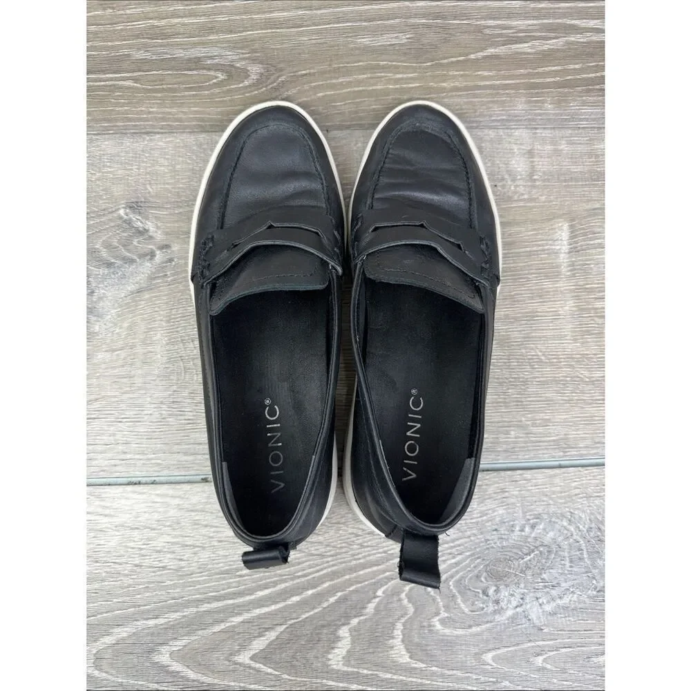 Vionic Uptown Women’s Sz 7 Black Leather Slip On Sneaker Penny Loafers